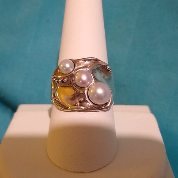 Artisan Sterling Silver Three Pearl Ring - Picture 1 of 5